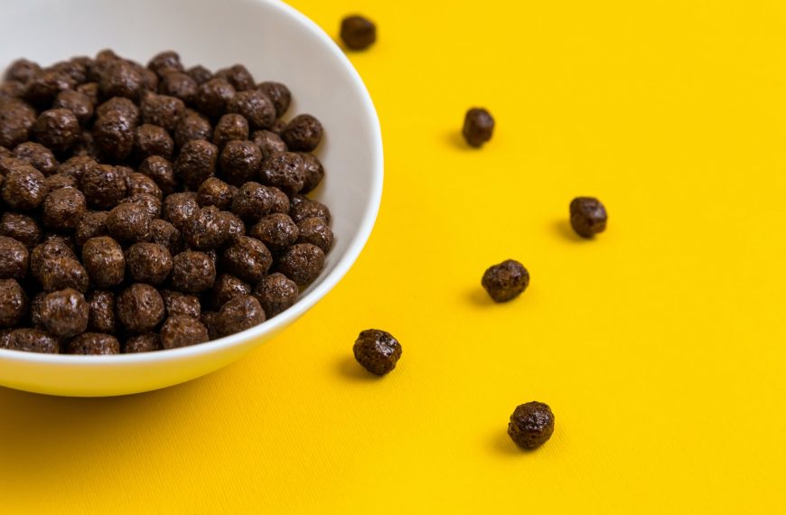 bowl of cocoa puffs on yellow table
