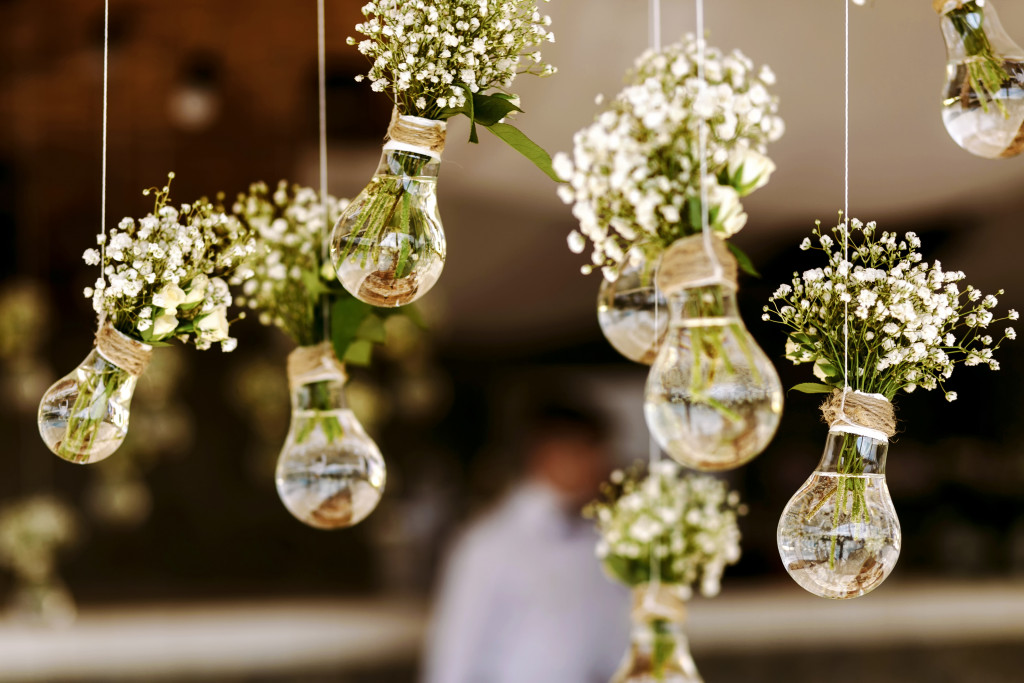 Wedding flowers in small jars